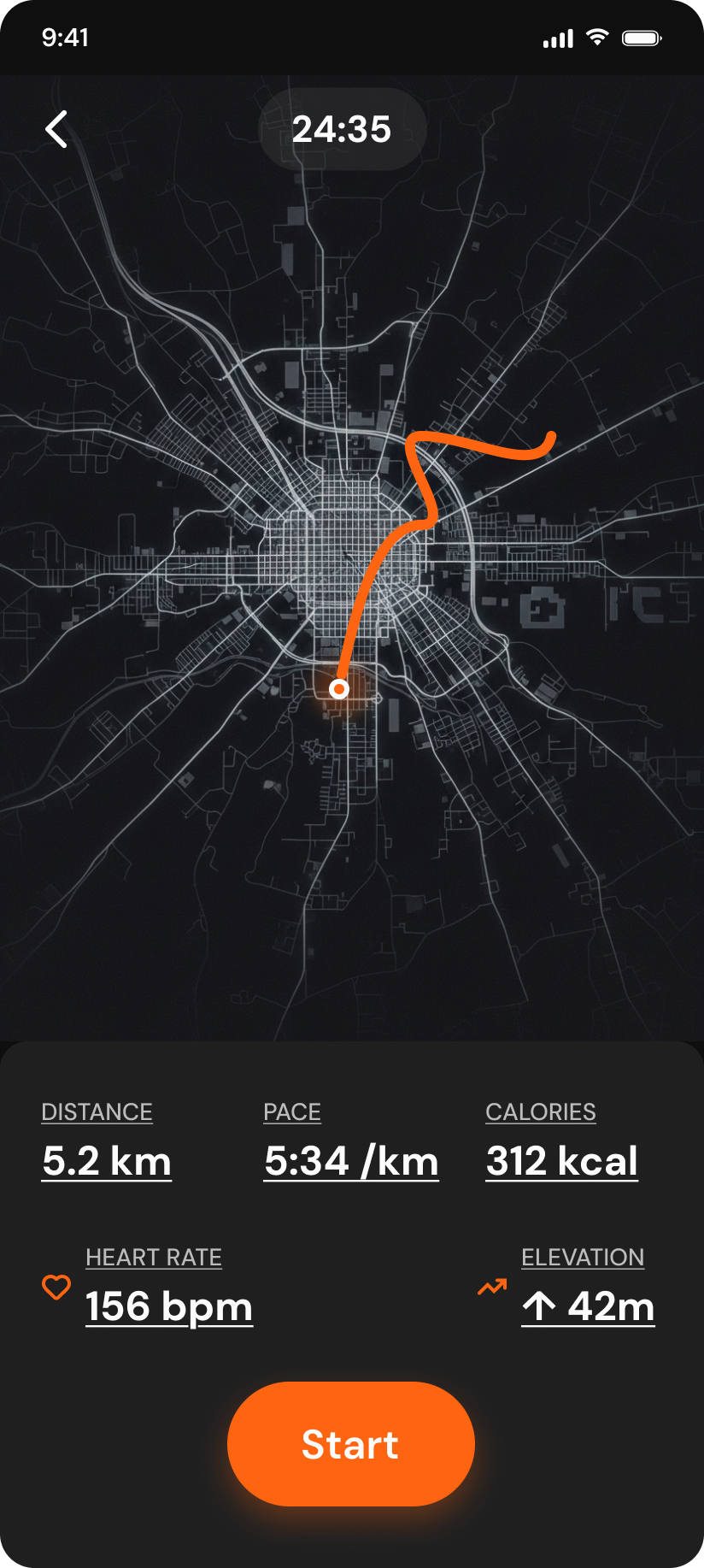 Upp active run map with distance, pace, calories and heart rate