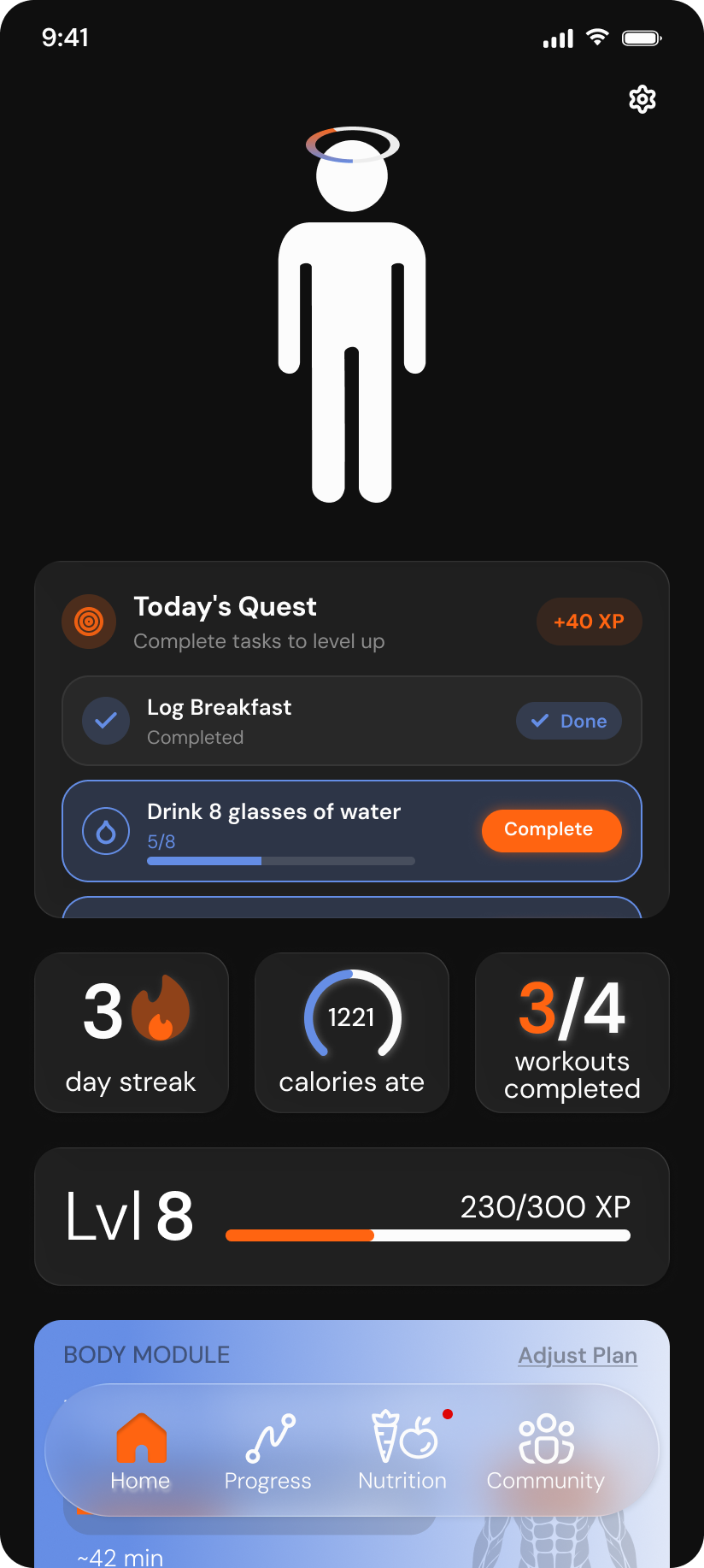 Upp home dashboard showing quests, streak, calories, workouts and body plan