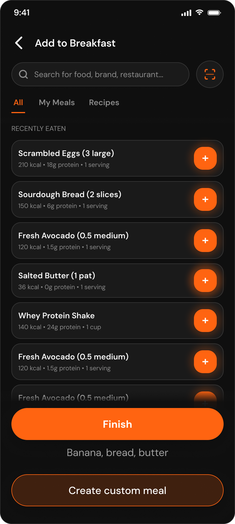 Upp meal logging screen with recent foods